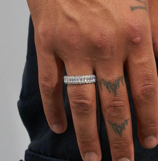 CLASSY JEWELS Baguette Prong Moissanite Band Ring - 925 Silver - D Colour - VVS1