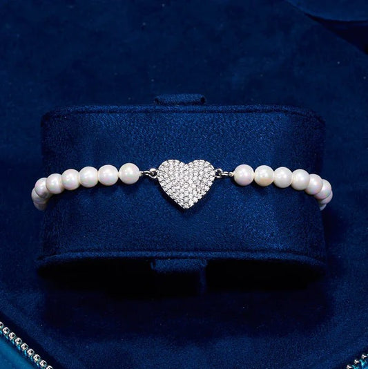 5mm Iced Heart Motif Pearl Bracelet - White Gold