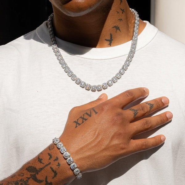 Classy Jewels 10mm Clustered Tennis Chain + Bracelet - White Gold