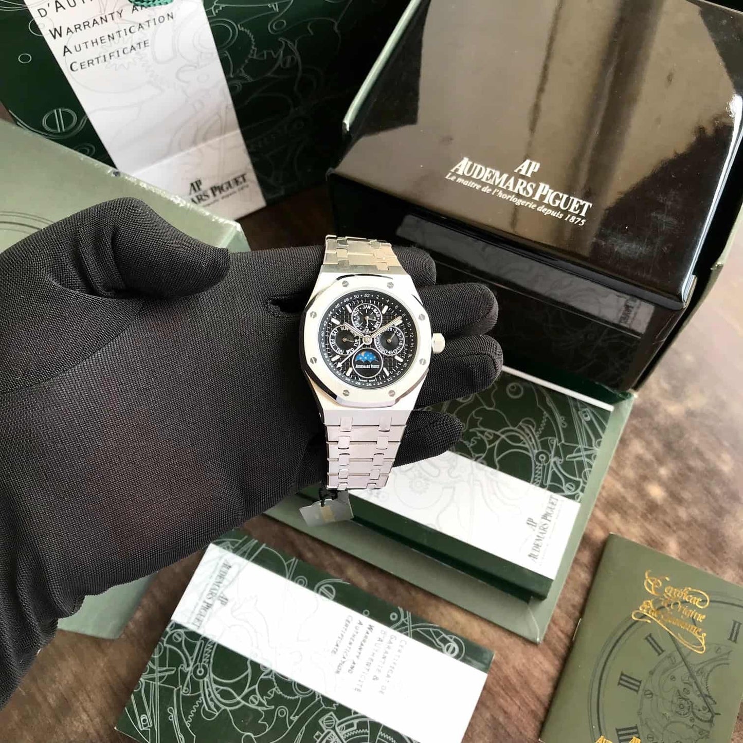 Audemars Piguet Perpetual Calendar Open Worked Silver Black Dial Automatic Mens Watch