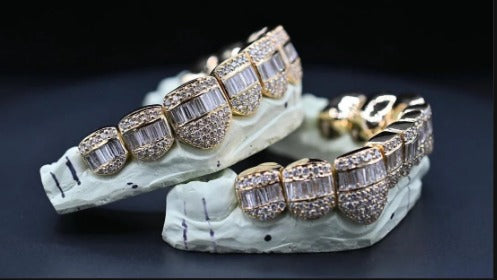 Custom Hybrid Grillz â VVS Moissanite Iced-Out Bust Down â Rhodium Plated Sterling Silver