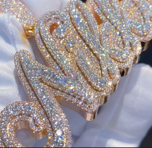 Real Moissanite Diamonds Men Layered Name Pendant, Custom Name, Alphabet, Letter, Cuban Chain, Real Solid 925 Silver, 14k Yellow Gold Plated