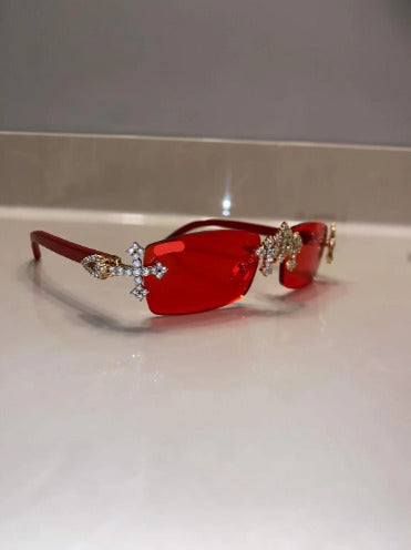 Iced Out red wood sunglasses