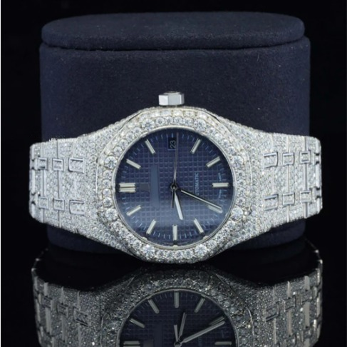Awesome Blue Dial Iced Out Moissanite Watch For Men