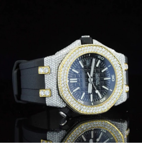 Fabulous Moissanite Wrist Watch With Black Color Belt For Men