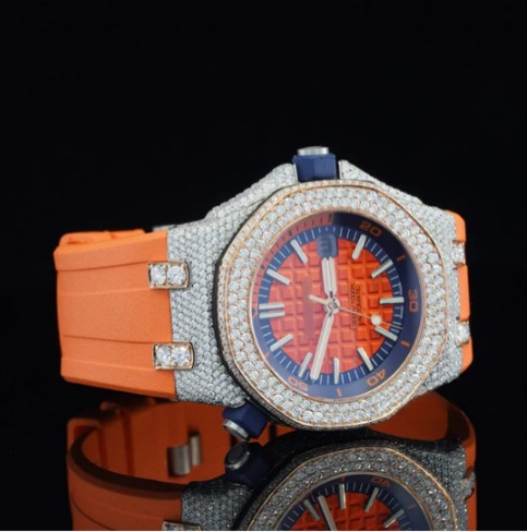 Iced Out Moissanite Watch Orange Color Belt Automatic Watch For Men