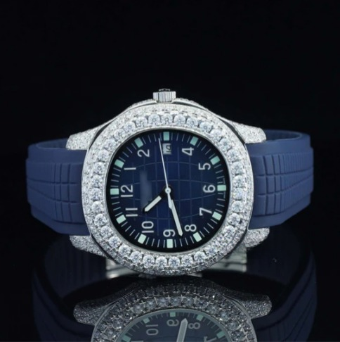 Iced Out Moissanite Watch Blue Color Belt Automatic Watch For Men