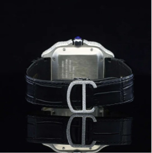 Fabulous Black Leather Belt Moissanite Diamond Watch