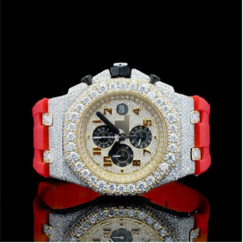 Fabulous Iced Out Red Rubber Belt Automatic Moissanite Wrist Watch