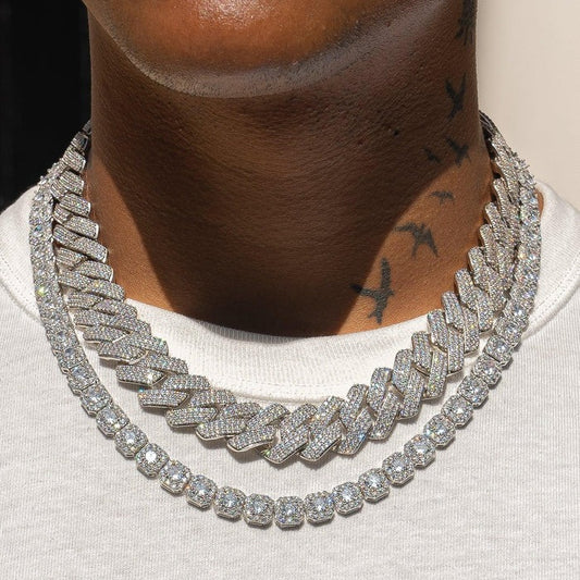 Classy jewels 20mm Monaco + 10mm Clustered Tennis Chain Bundle - White Gold