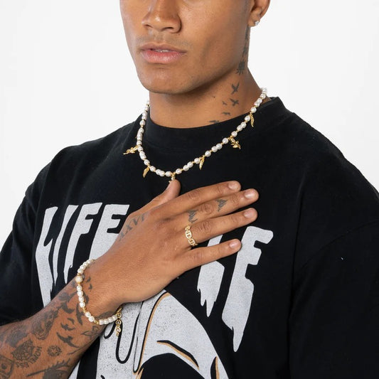 classy jewels Wings & Roses Beaded Pearl Necklace - Gold