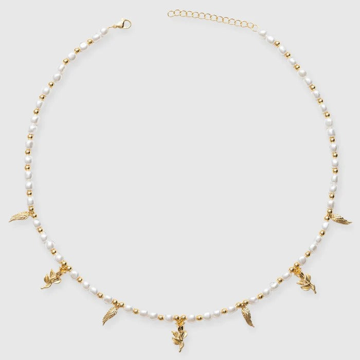 classy jewels Wings & Roses Beaded Pearl Necklace - Gold