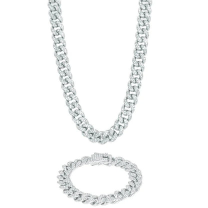 CLASSY JEWELS 13mm Cuban Chain + Bracelet - White Gold