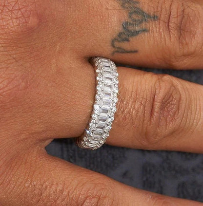 CLASSY JEWELS Baguette Prong Moissanite Band Ring - 925 Silver - D Colour - VVS1