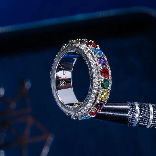 CLASSY JEWELS Multi-Colored Gemstone Moissanite Rotating Ring - 925 Silver - D Color - VVS1