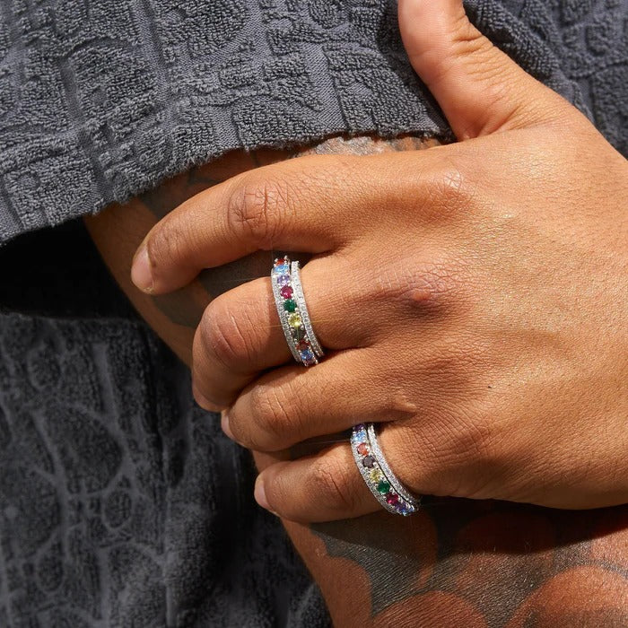 CLASSY JEWELS Multi-Colored Gemstone Moissanite Rotating Ring - 925 Silver - D Color - VVS1