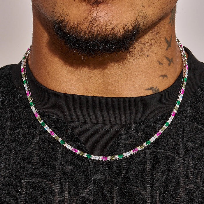 CLASSY JEWELS 3MM Multicolor Mixed Oval Cut Tennis Chain - White Gold