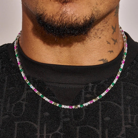 CLASSY JEWELS 3MM Multicolor Mixed Oval Cut Tennis Chain - White Gold