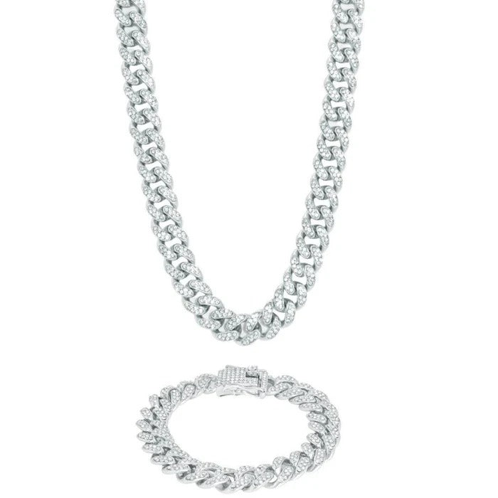 Classy jewels 13mm Cuban Chain + Bracelet - White Gold