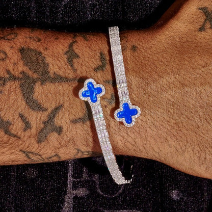 8MM Blue Motif Baguette Bangle - White Gold