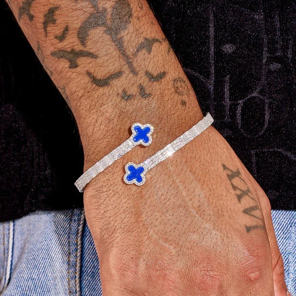 8MM Blue Motif Baguette Bangle - White Gold