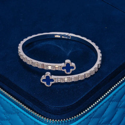 8MM Blue Motif Baguette Bangle - White Gold