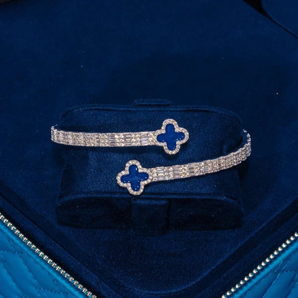 8MM Blue Motif Baguette Bangle - White Gold