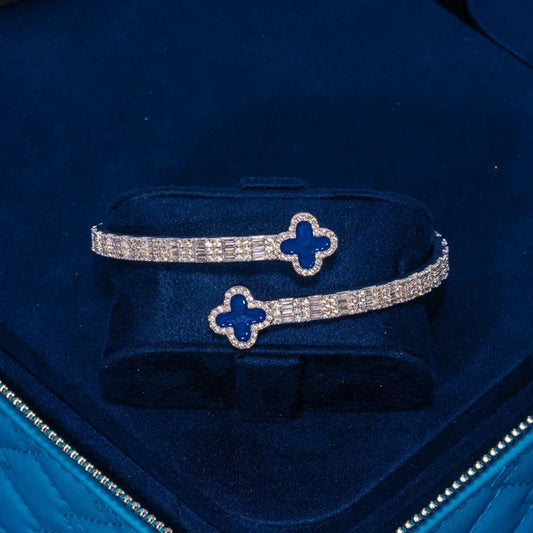 8MM Blue Motif Baguette Bangle - White Gold