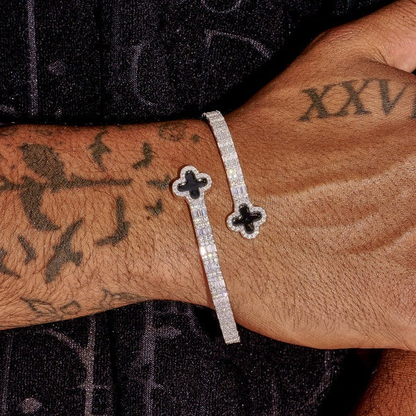 8MM Black Motif Baguette Bangle - White Gold