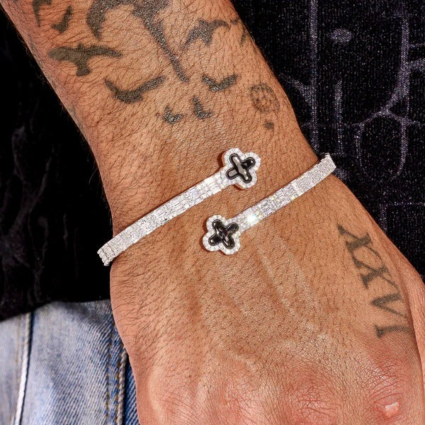 8MM Black Motif Baguette Bangle - White Gold