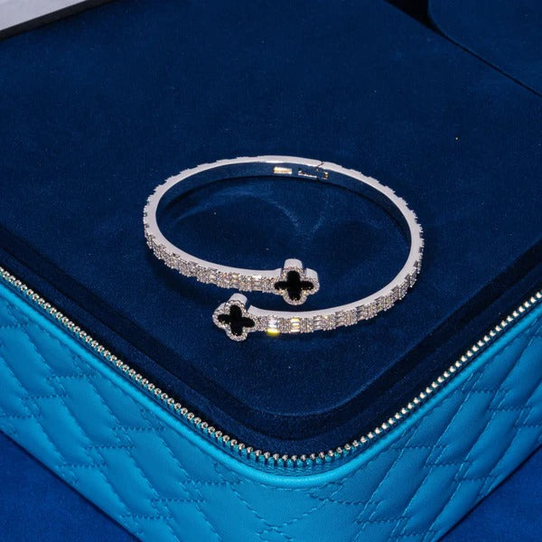 8MM Black Motif Baguette Bangle - White Gold