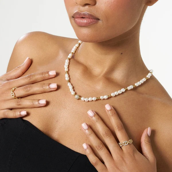 Classy Jewels  5mm Iced Beaded Pearl Necklace - Gold