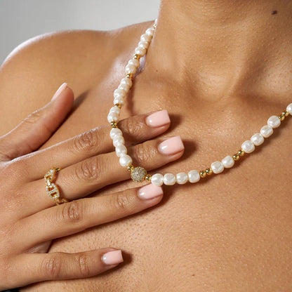 Classy Jewels  5mm Iced Beaded Pearl Necklace - Gold