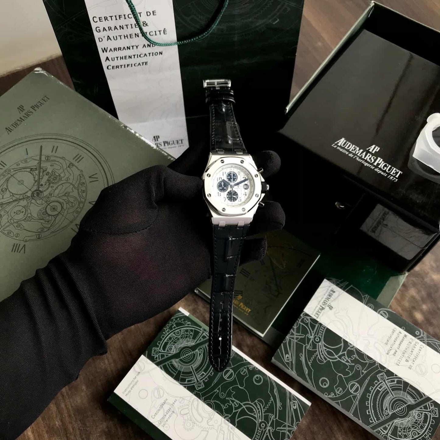 Audemars Piguet Off Shore Chronograph’s Black Leather Strap White Dial Mens Watch