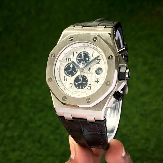 Audemars Piguet Off Shore Chronograph’s Black Leather Strap White Dial Mens Watch