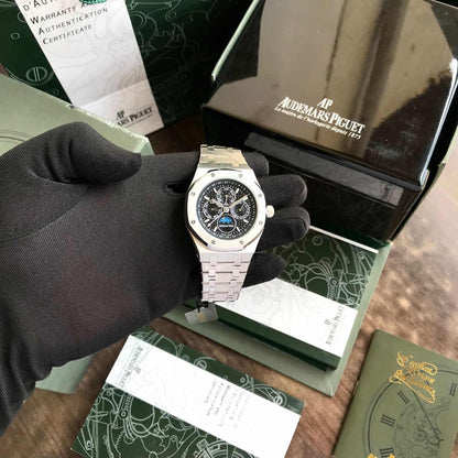 Audemars Piguet Perpetual Calendar Open Worked Silver Black Dial Automatic Mens Watch