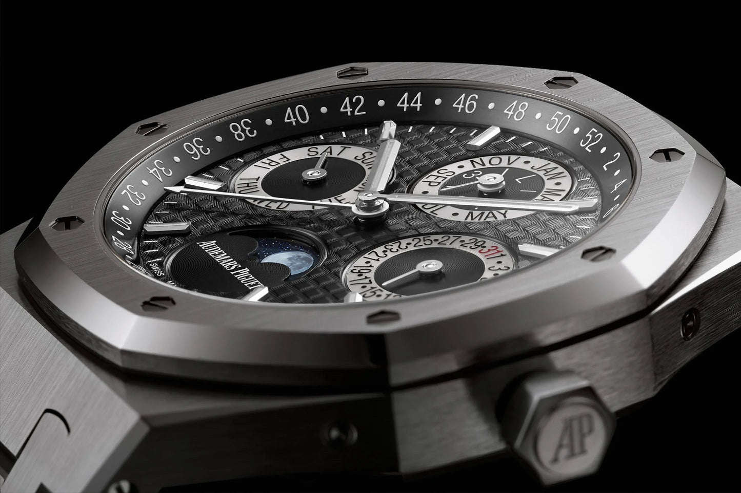 Audemars Piguet Perpetual Calendar Open Worked Silver Black Dial Automatic Mens Watch