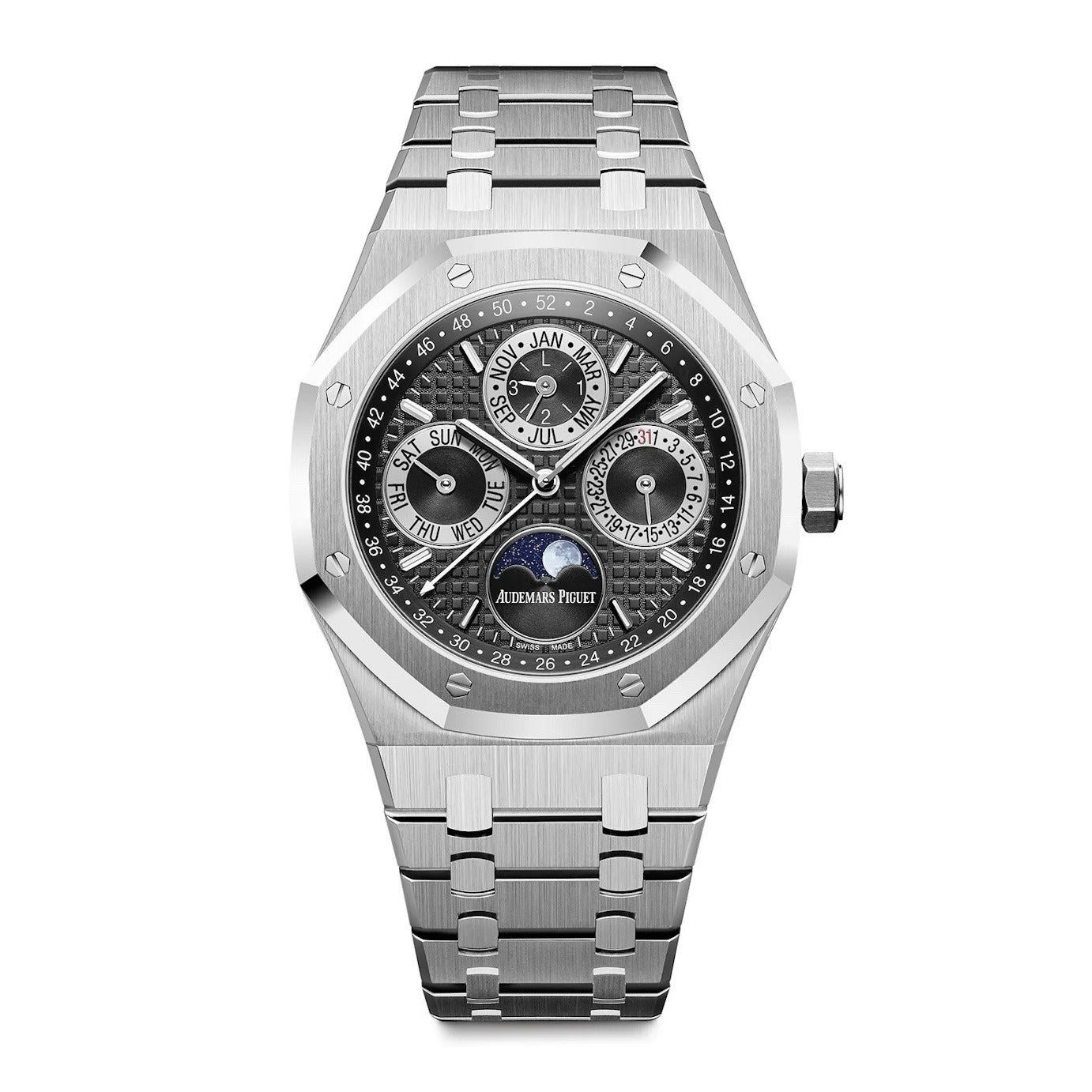 Audemars Piguet Perpetual Calendar Open Worked Silver Black Dial Automatic Mens Watch