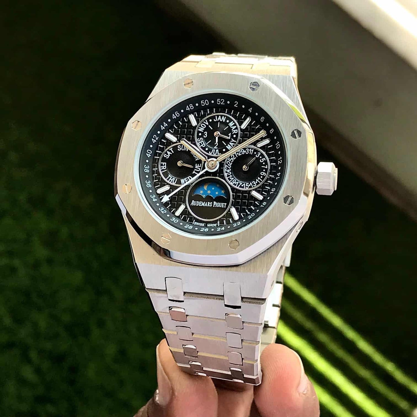Audemars Piguet Perpetual Calendar Open Worked Silver Black Dial Automatic Mens Watch