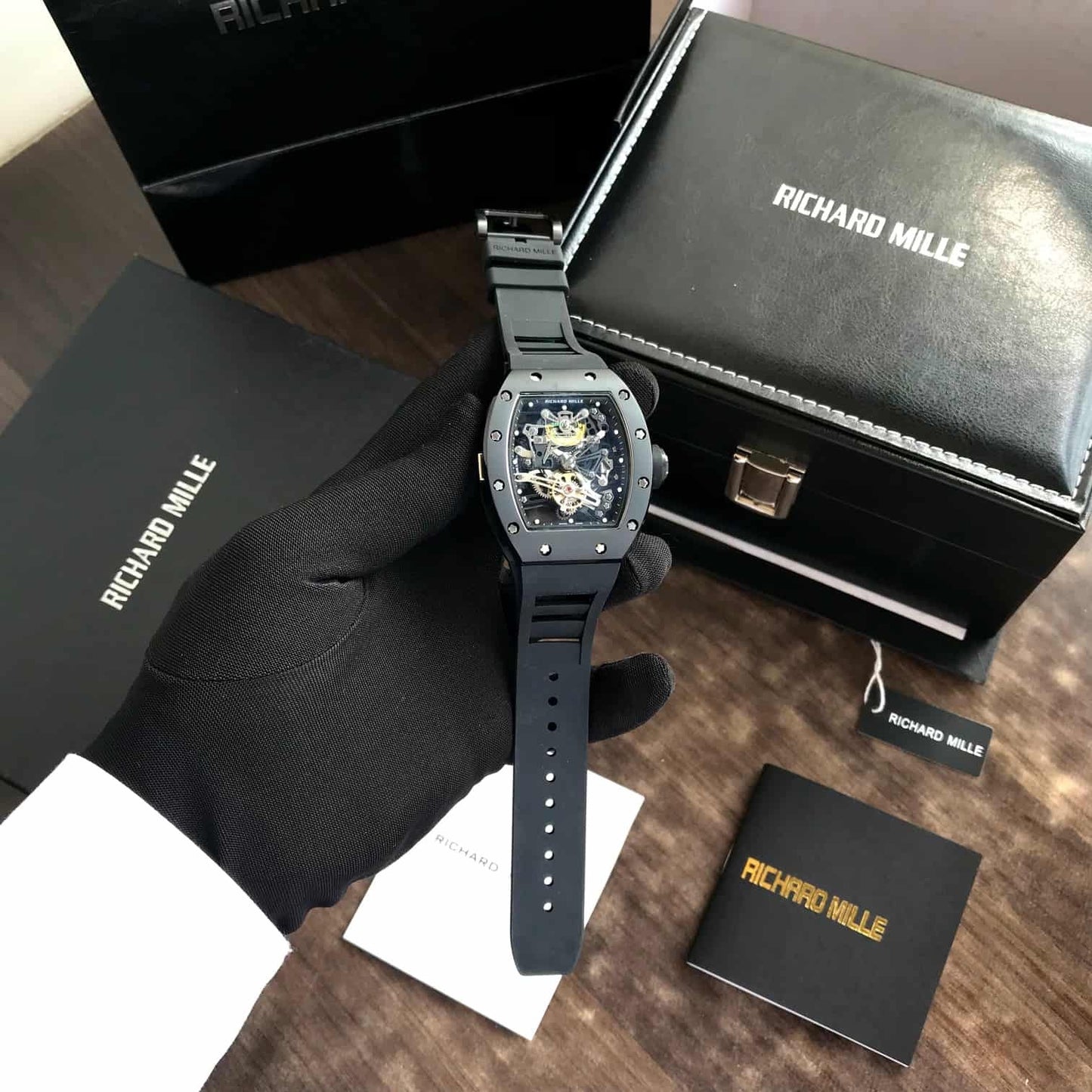 Richard Mille RM 057 Tourbillon Full Black Skeleton Dial Automatic Mens Watch