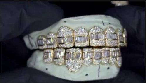 Custom Hybrid Grillz – VVS Moissanite Iced-Out Bust Down – Rhodium Plated Sterling Silver