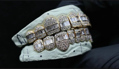 Custom Hybrid Grillz – VVS Moissanite Iced-Out Bust Down – Rhodium Plated Sterling Silver