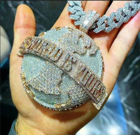 The World is Yours Iced Out Hip Hop Pendant | Chunky Moissanite pendant | 925 Silver / 10K Gold | Custom Handmade Moissanite Jewelry
