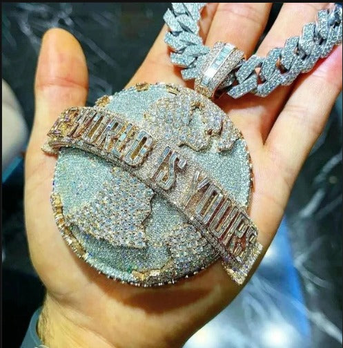 The World is Yours Iced Out Hip Hop Pendant | Chunky Moissanite pendant | 925 Silver / 10K Gold | Custom Handmade Moissanite Jewelry