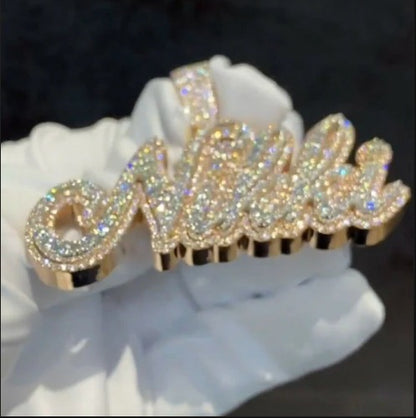 Real Moissanite Diamonds Men Layered Name Pendant, Custom Name, Alphabet, Letter, Cuban Chain, Real Solid 925 Silver, 14k Yellow Gold Plated