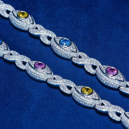 Classy Jewels  14MM Moissanite Multi Gemstone Evil Eye Eternity Chain - 925 Silver - D Colour - VVS1