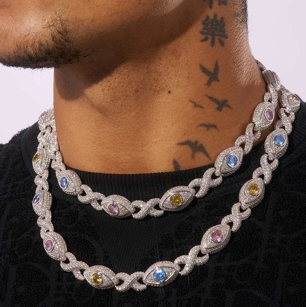 Classy Jewels  14MM Moissanite Multi Gemstone Evil Eye Eternity Chain - 925 Silver - D Colour - VVS1