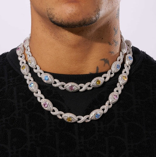 Classy Jewels 14MM Moissanite Multi Gemstone Evil Eye Eternity Chain - 925 Silver - D Colour - VVS1