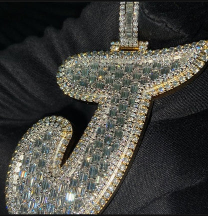 Emerald cut VVS1 Moissanite Layered Letter Pendant, Iced out Chunky Pendant, Custom Alphabet/Letter, 925 Sterling Silver/10k, Hip Hop Pendant