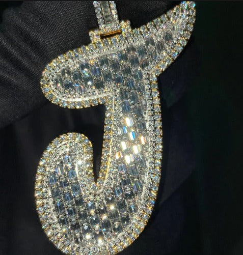 Emerald cut VVS1 Moissanite Layered Letter Pendant, Iced out Chunky Pendant, Custom Alphabet/Letter, 925 Sterling Silver/10k, Hip Hop Pendant